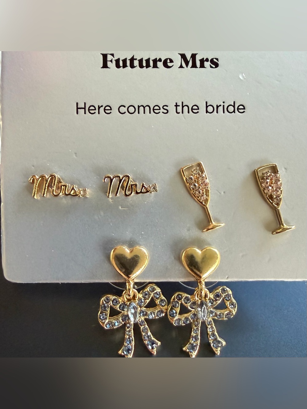 Gold Bow & Heart Dangle Earrings, ‘Mrs.' and Champagne Studs Earring Set